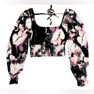 Topshop Cropped Square Neck Blouse Size S Purple Black Gray Watercolor Smocked